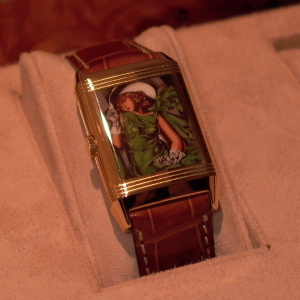 Photo by Ken Kessler of Jaeger-LeCoultre Reverso with Tamara di Lempicka painting, never issued